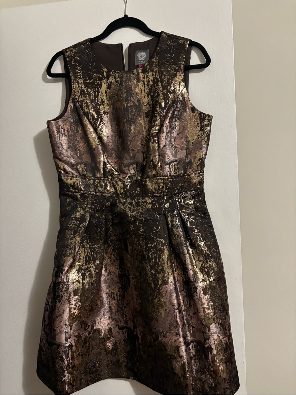 Vince Camuto Metallic Jacquard Cocktail Dress in Gold and Bronze